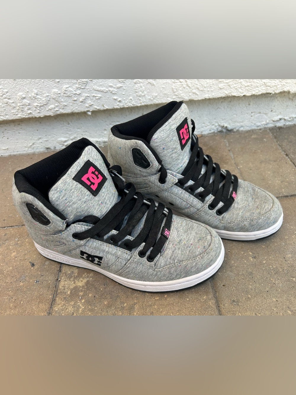New DC Women’s Grey High-Top Skate Sneakers with Pink Logo Accents